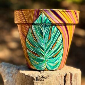 Hand painted, unique hand painted plant pot 6”
